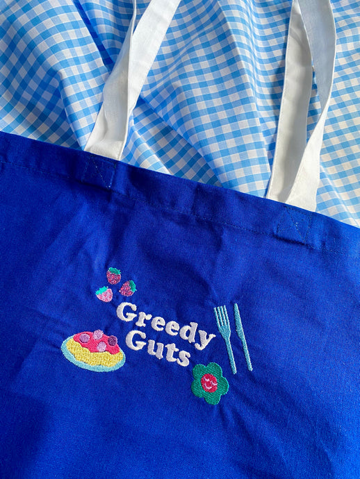 Greedy Guts Embroidered Slogan Tote Bag