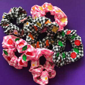 English Breakfast Bacon and Egg Gingham Embroidered Scrunchie