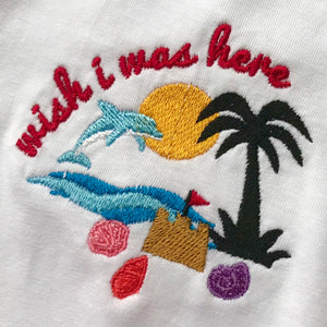 Wish I Was Here Postcard Embroidered Ringer Tshirt