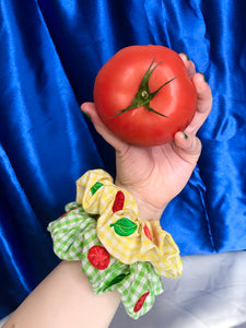 Salad Lettuce and Tomato Gingham Embroidered Scrunchie