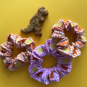 Turkey Dinosaur and Potato Waffle Gingham Embroidered Scrunchie
