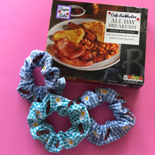 Load image into Gallery viewer, English Breakfast Bacon and Egg Gingham Embroidered Scrunchie