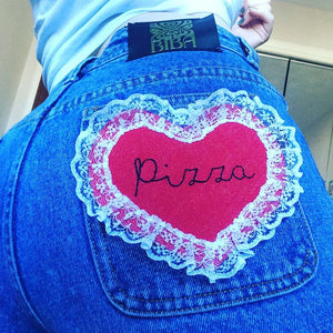 Pizza Denim and Lace hand embroidered Sew on patch/badge