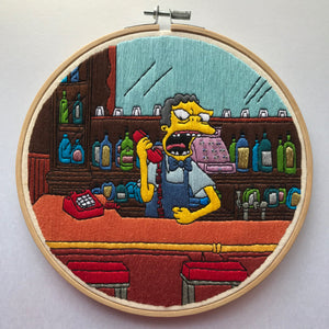 Moe on Phone Simpsons Hand Embroidery